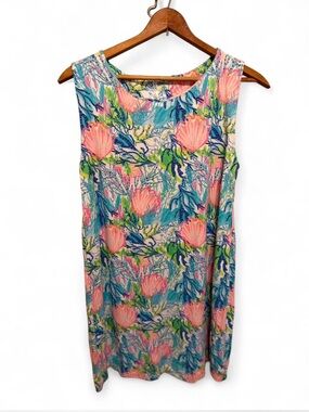 Lulu-B Tropical Coral Shift Dress in Pink, Teal & Blue